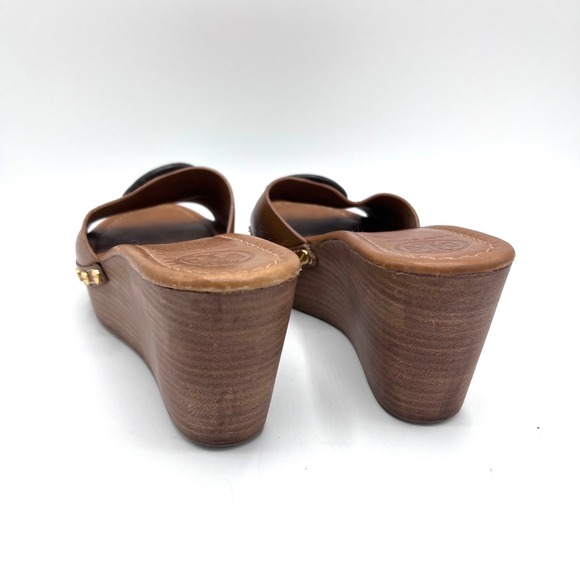 Tory Burch Patti Wedge Slide Sandals Brown Leather Embossed Logo Studded Women 8 - Picture 9 of 16